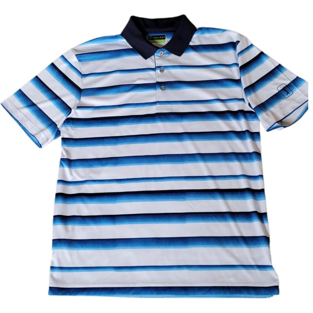 PGA Tour Pro Series Men’s Blue Striped Polo short sleeve Shirt Golf Activewear
